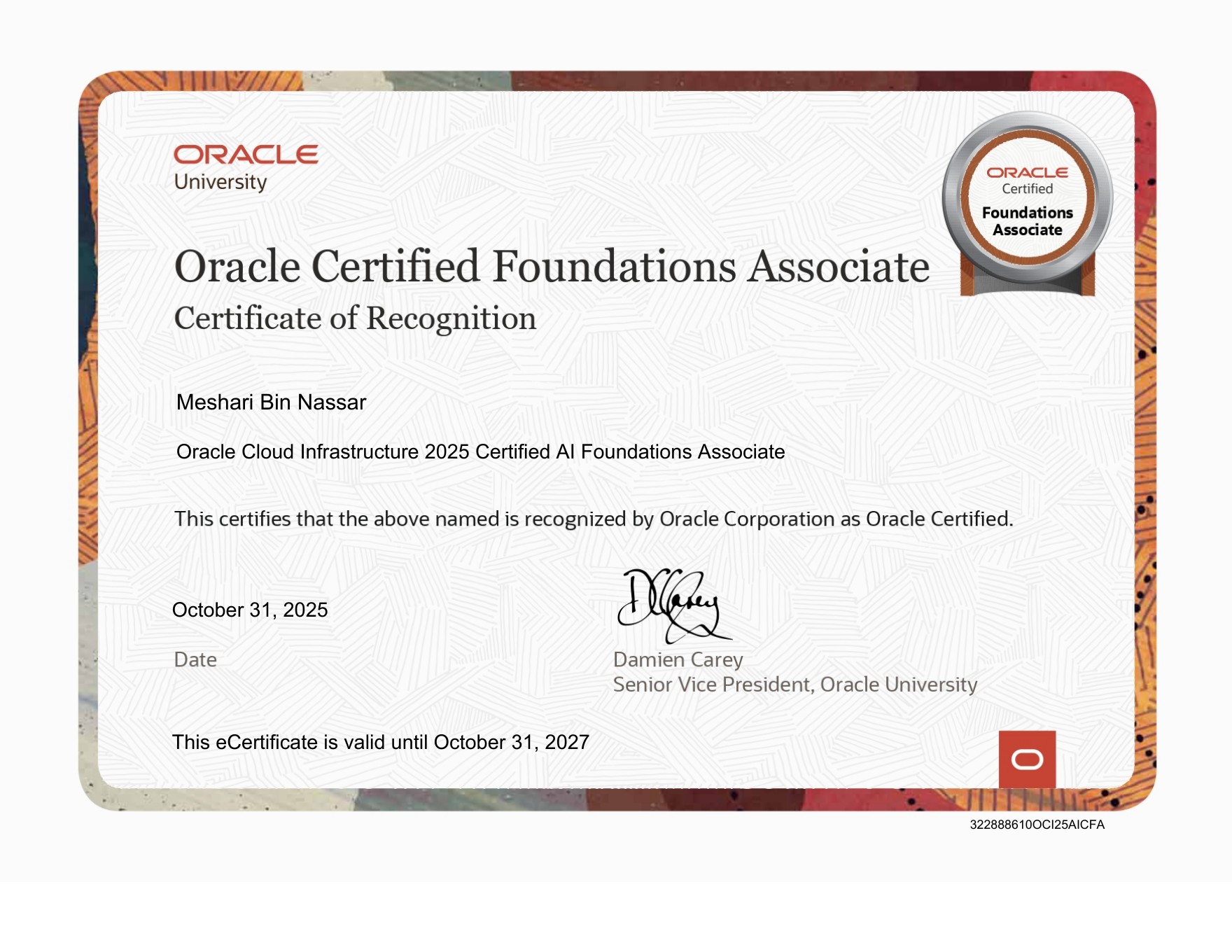 Oracle AI Foundations Associate certificate preview